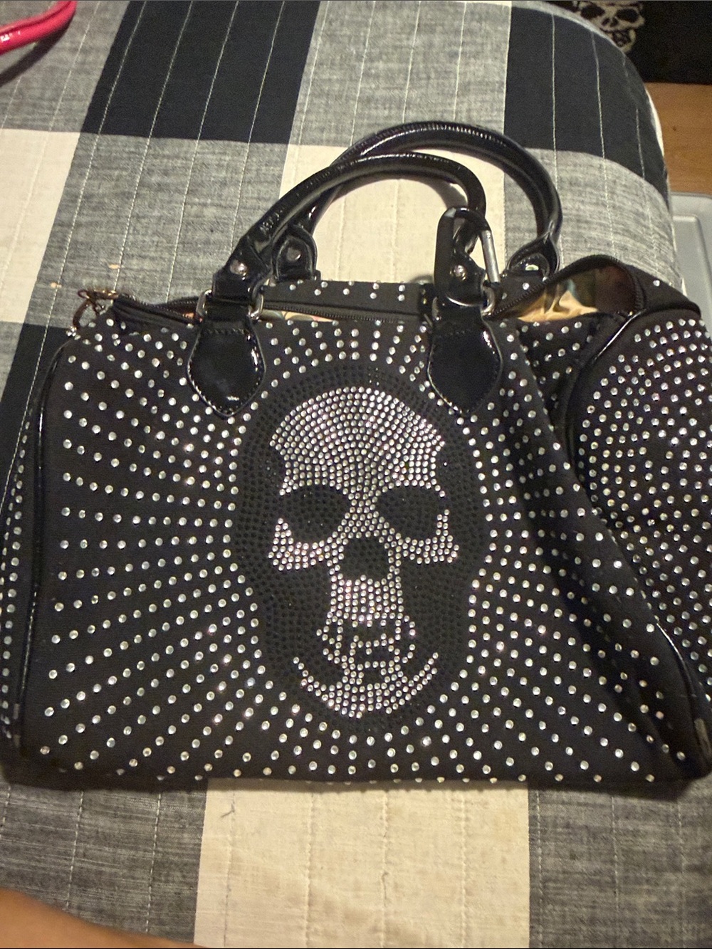 Black Rhinestone Skull Satchel Bag